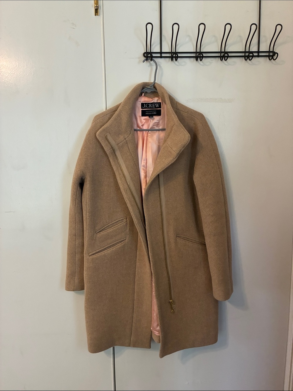 J. Crew Women's Camel Wool Pea Coat with Pink Lining